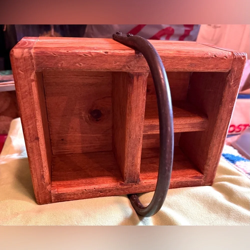 Handcrafted wooden caddy with four compartments and a wrought iron steel handle